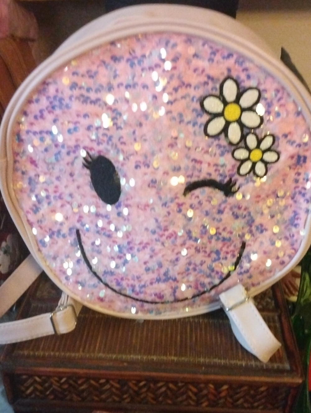 Kids Pink Sequin Smiley Face Mini Backpack with Daisy Accent